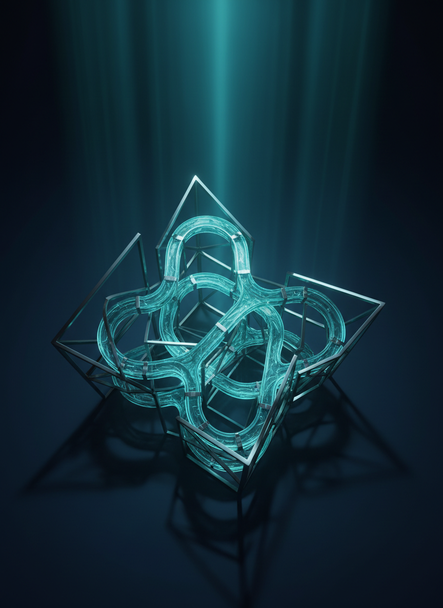 Abstract architectural structure of glowing teal filaments representing AI systems