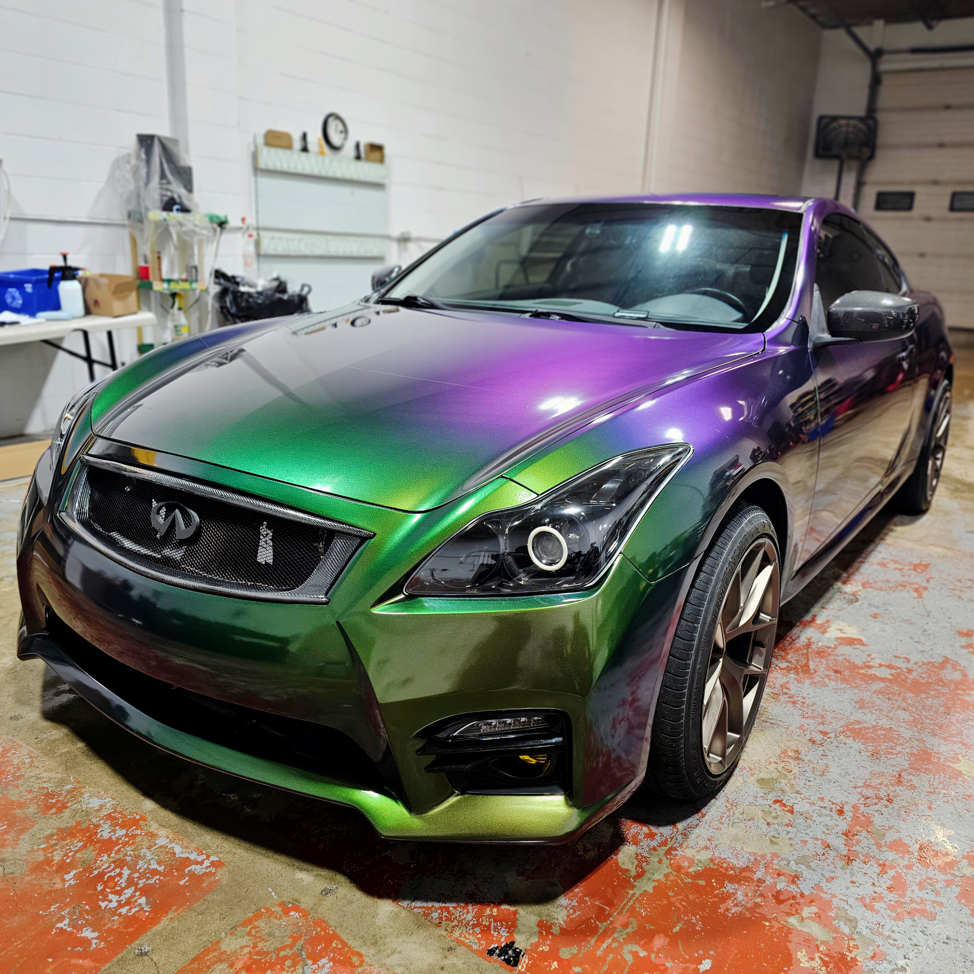 Color-shift chameleon vinyl wrap on an Infiniti coupe in Edmonton