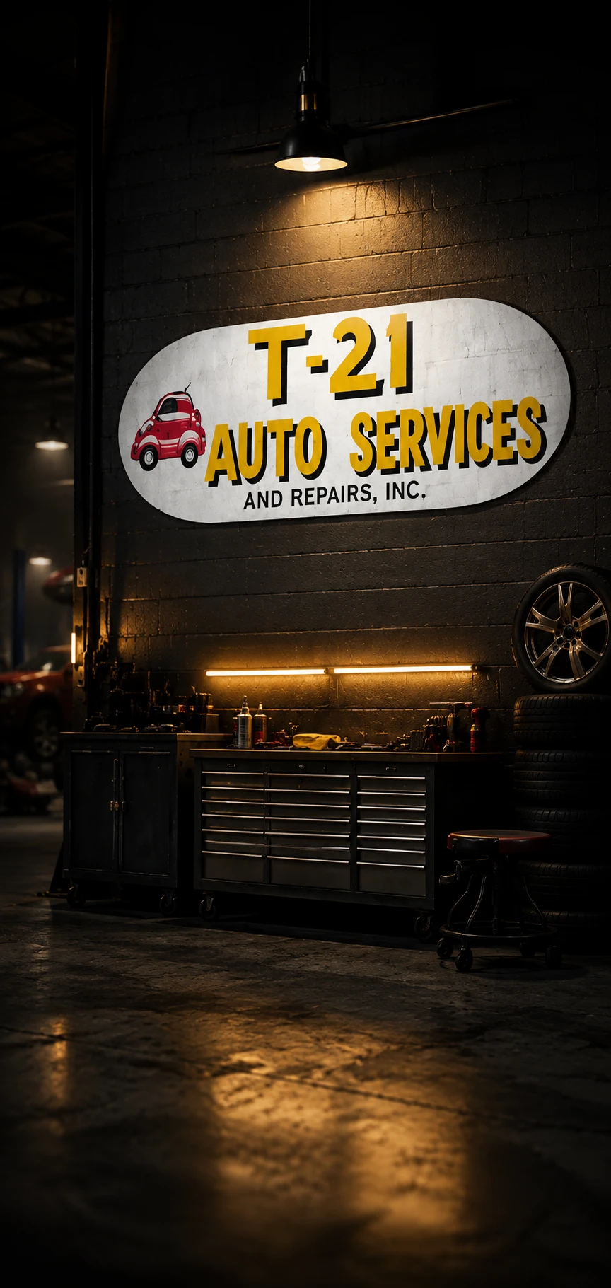 The T-21 Auto Services sign on the shop wall above the workbench
