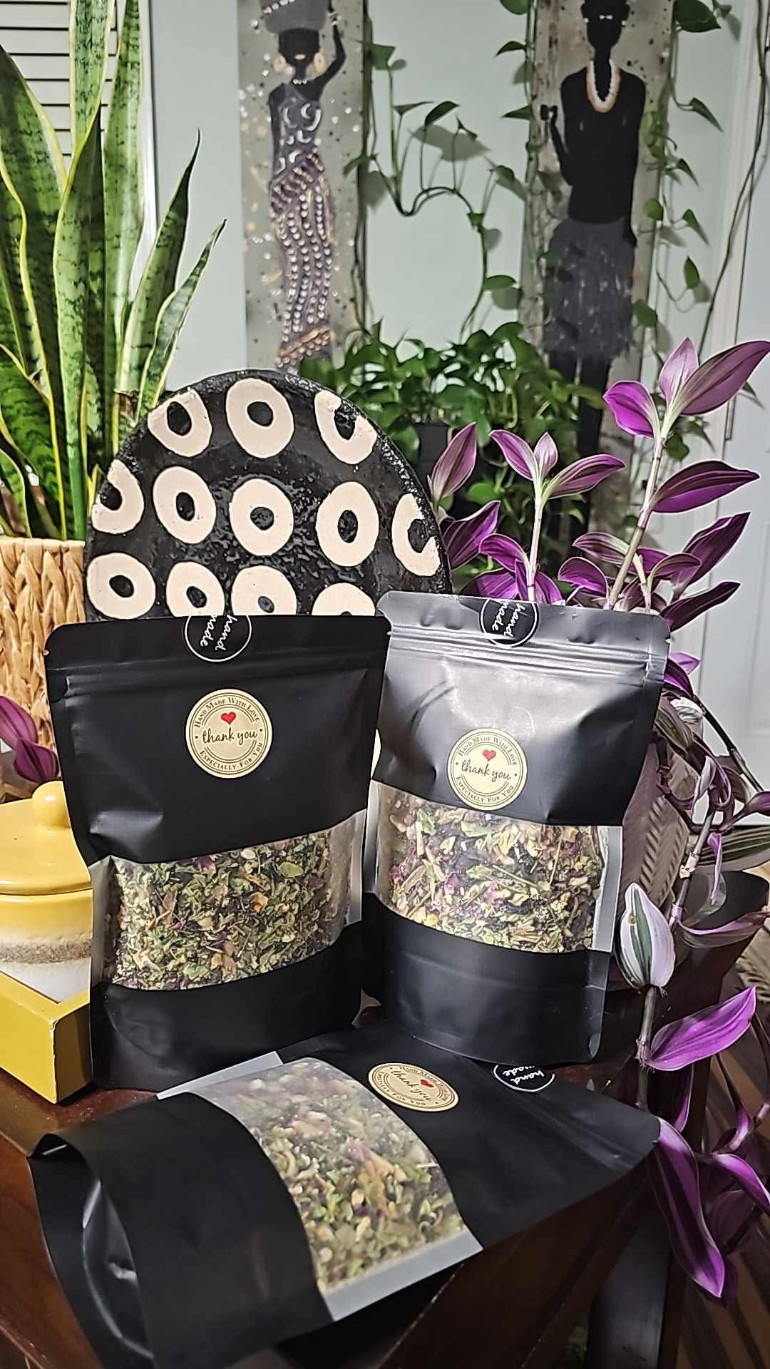 Our signature black pouches, filled with care