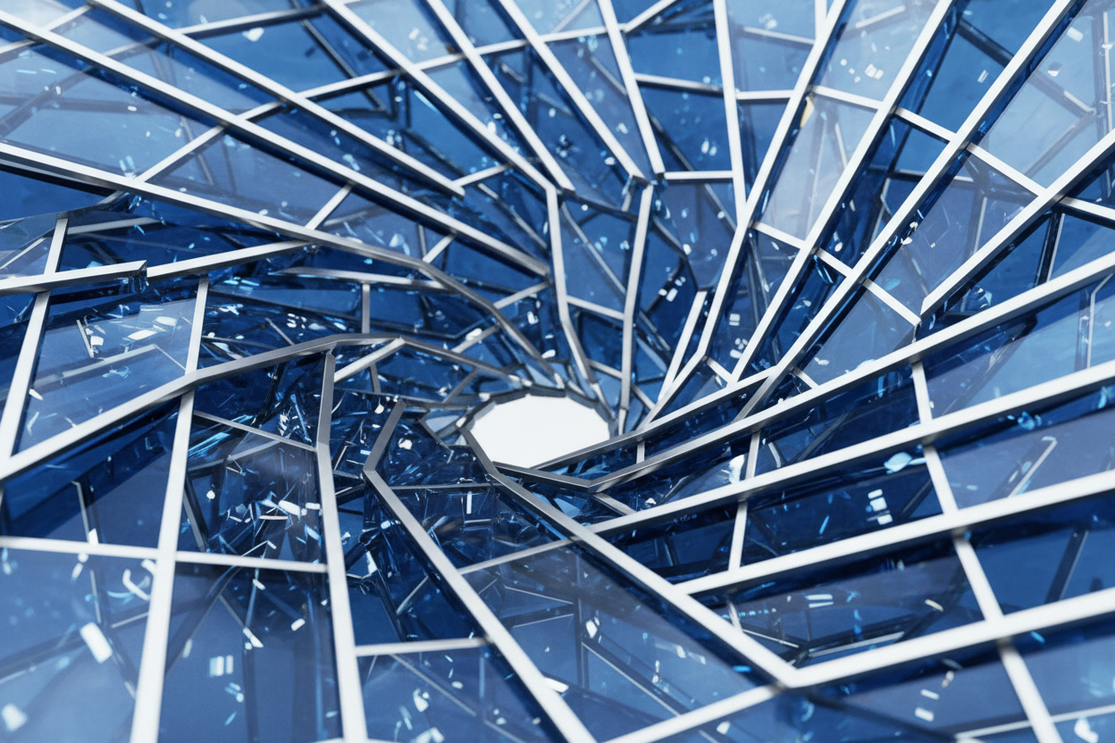 Abstract glass and steel architecture representing data flow through digital conduits