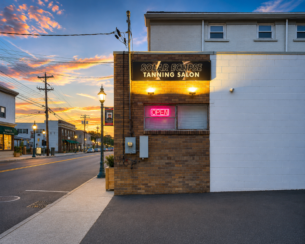 Solar Eclipse Tanning Salon storefront in Nanuet at sunset