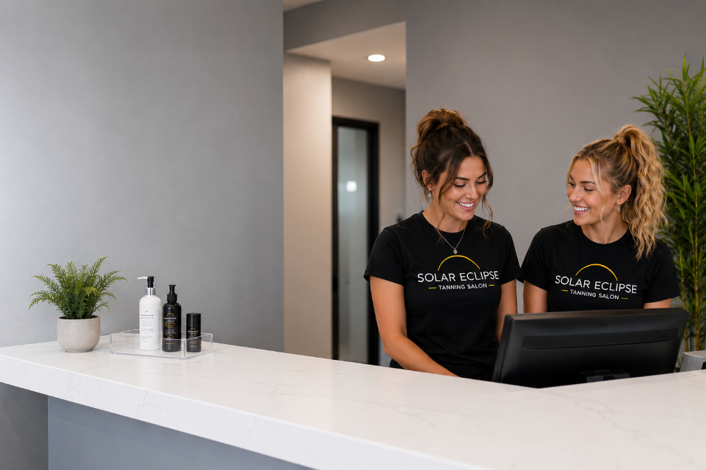Solar Eclipse Tanning Salon staff at the front desk