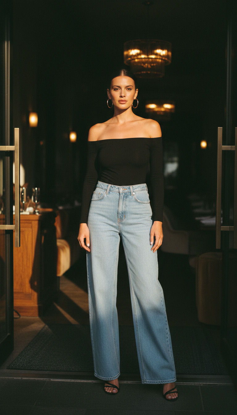 Woman in a black off-shoulder bodysuit with wide-leg light blue jeans and gold hoops with strappy black heels at a restaurant entrance