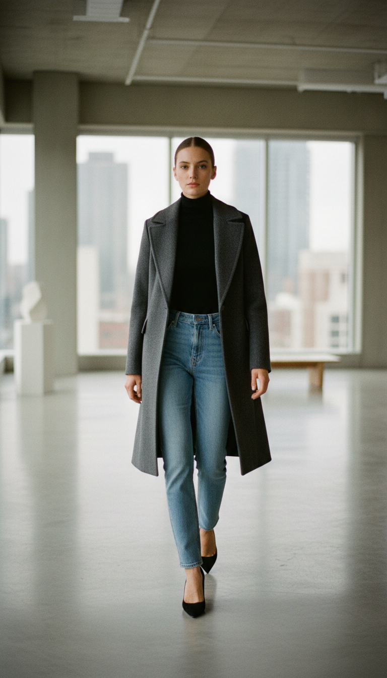 Woman in a charcoal wool coat with black turtleneck and light blue straight-leg jeans with black kitten heels in a minimalist loft