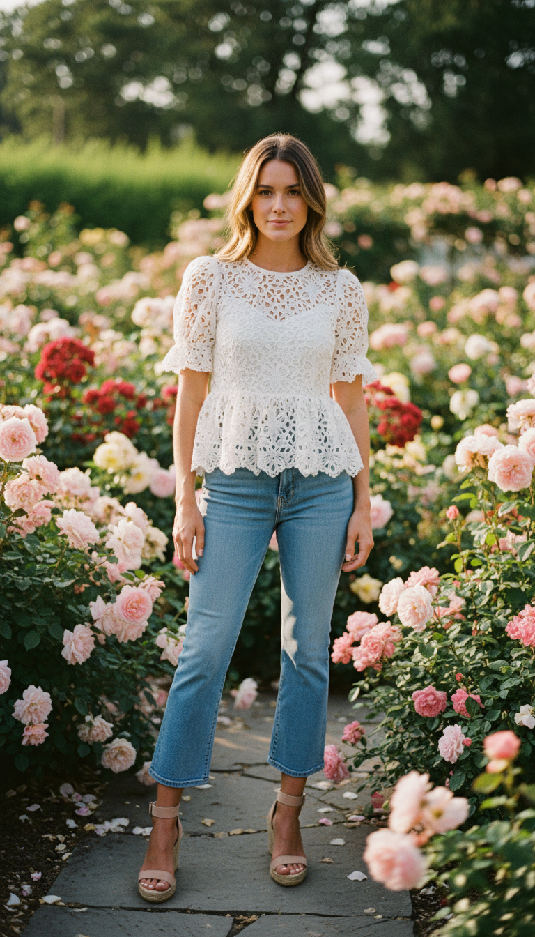 Woman in a white eyelet lace peplum top with cropped flare light blue jeans and nude wedge espadrilles in a sunlit garden
