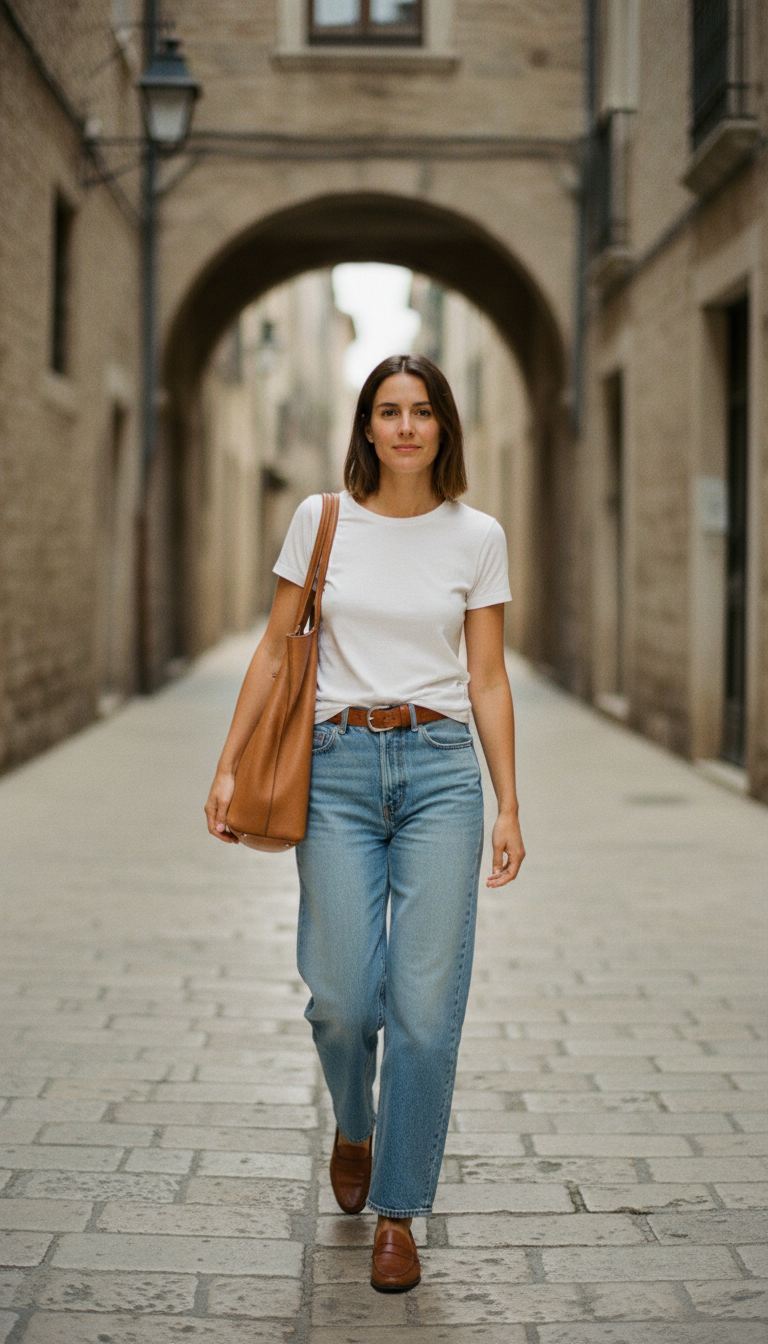 Woman wearing a white t-shirt French-tucked into light blue jeans with a tan leather belt and brown loafers carrying a camel tote on a cobblestone street