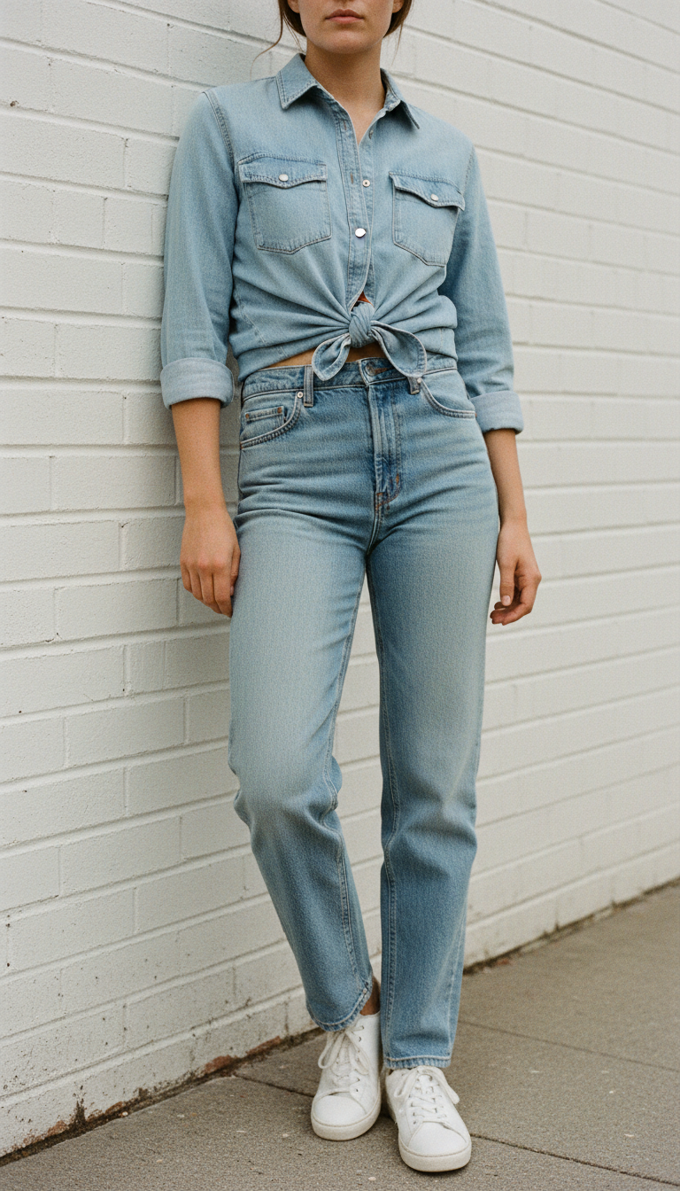 Woman wearing a darker chambray shirt knotted at the waist with lighter light blue straight-leg jeans and white sneakers against a white wall
