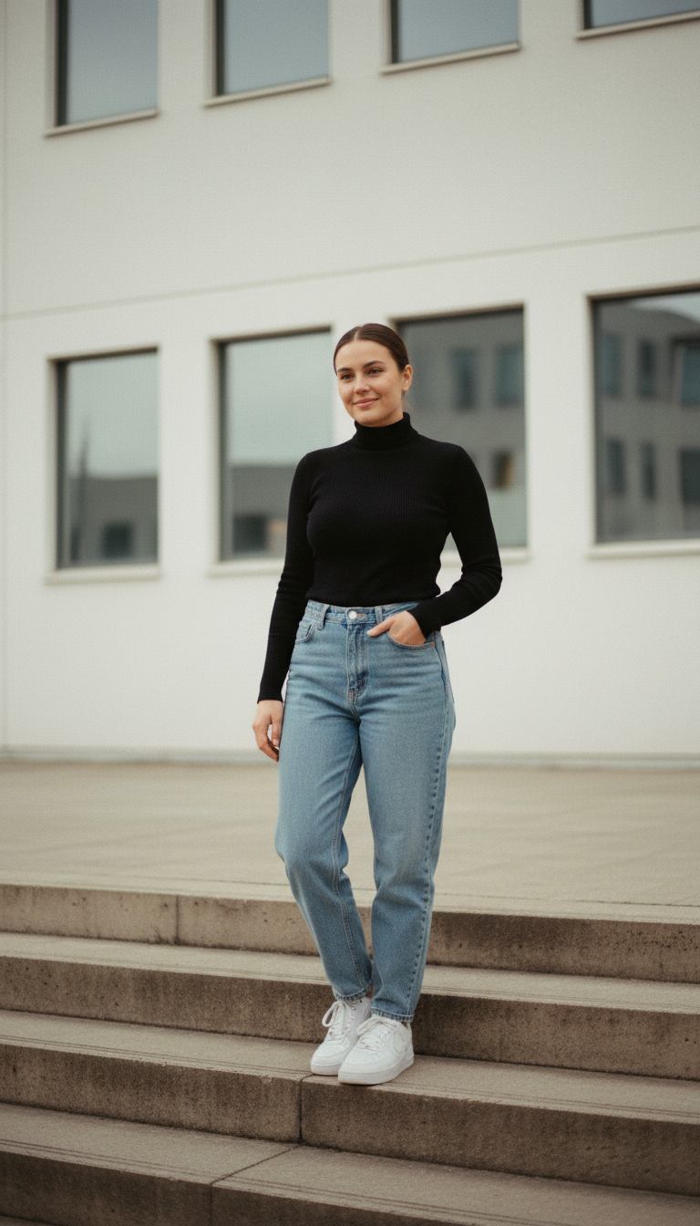 Woman wearing a black turtleneck with light blue mom jeans and white sneakers standing on urban steps