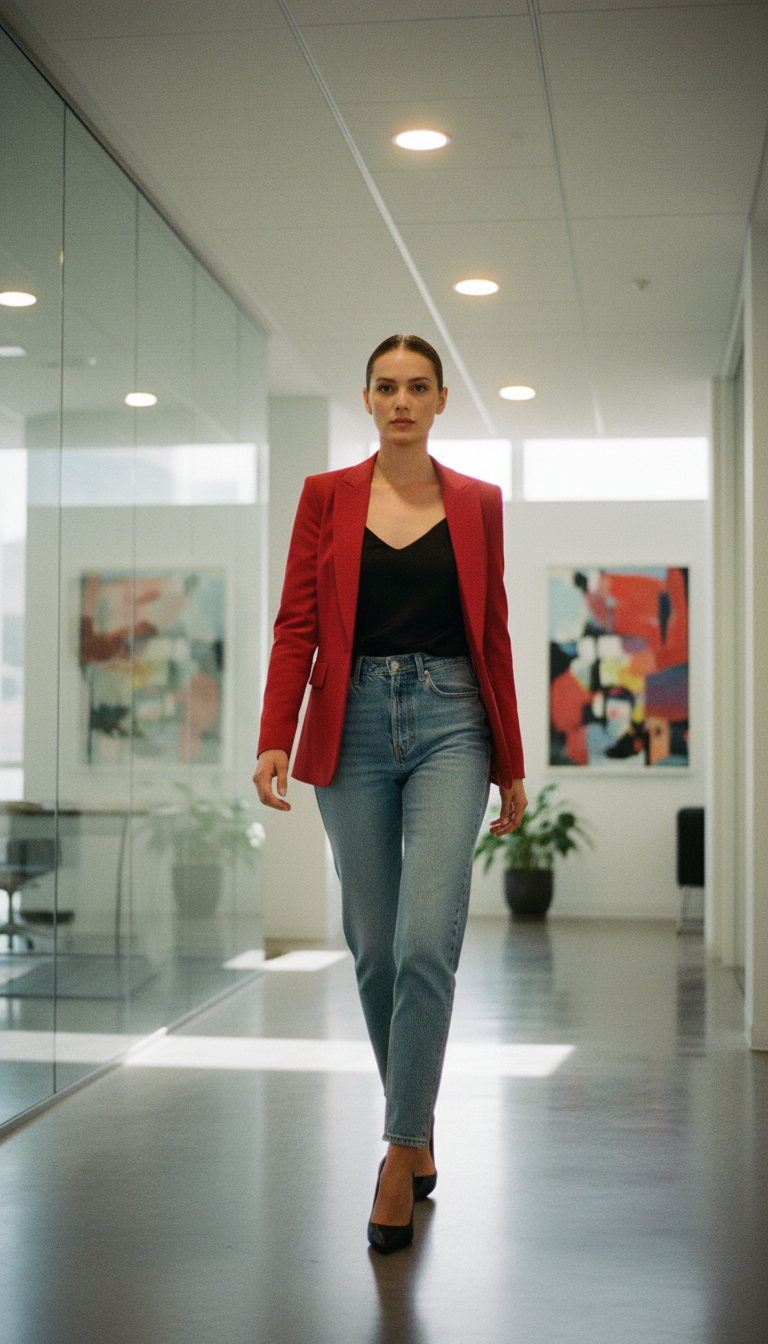 Woman in a red fitted blazer over black camisole with tapered light blue jeans and black stiletto pumps in a glass office lobby