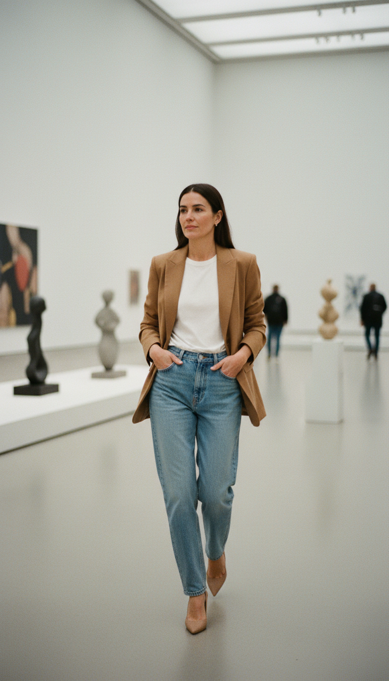 Woman in a camel blazer over white tee with relaxed light blue jeans and nude heels walking through a gallery