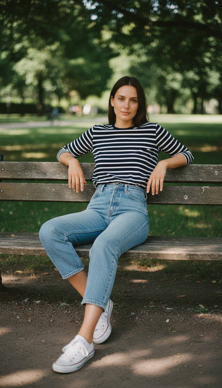Woman in navy Breton striped top with cropped straight-leg light blue jeans and white sneakers sitting on a park bench