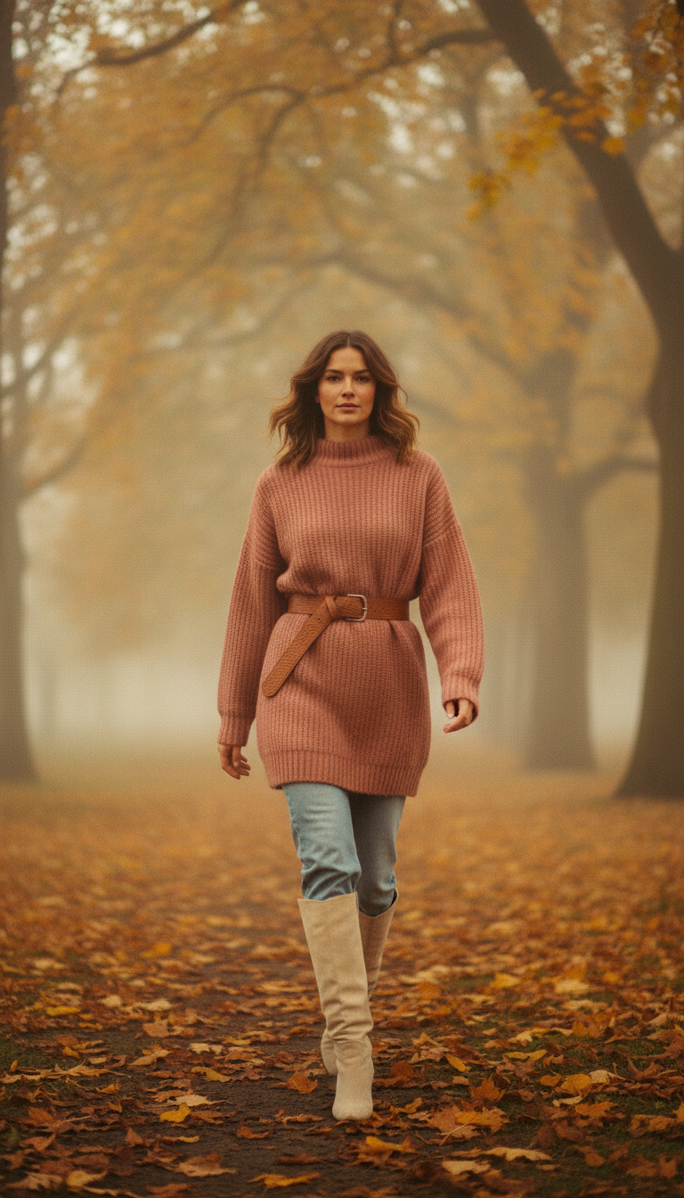 Woman in a dusty rose knit sweater dress belted over light blue straight-leg jeans with cream knee-high boots in an autumn park