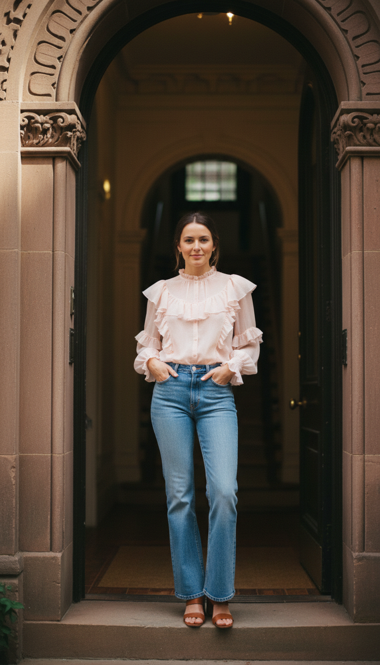 Woman in a pale pink ruffle blouse with light blue flared jeans and cognac sandals standing in a brownstone doorway