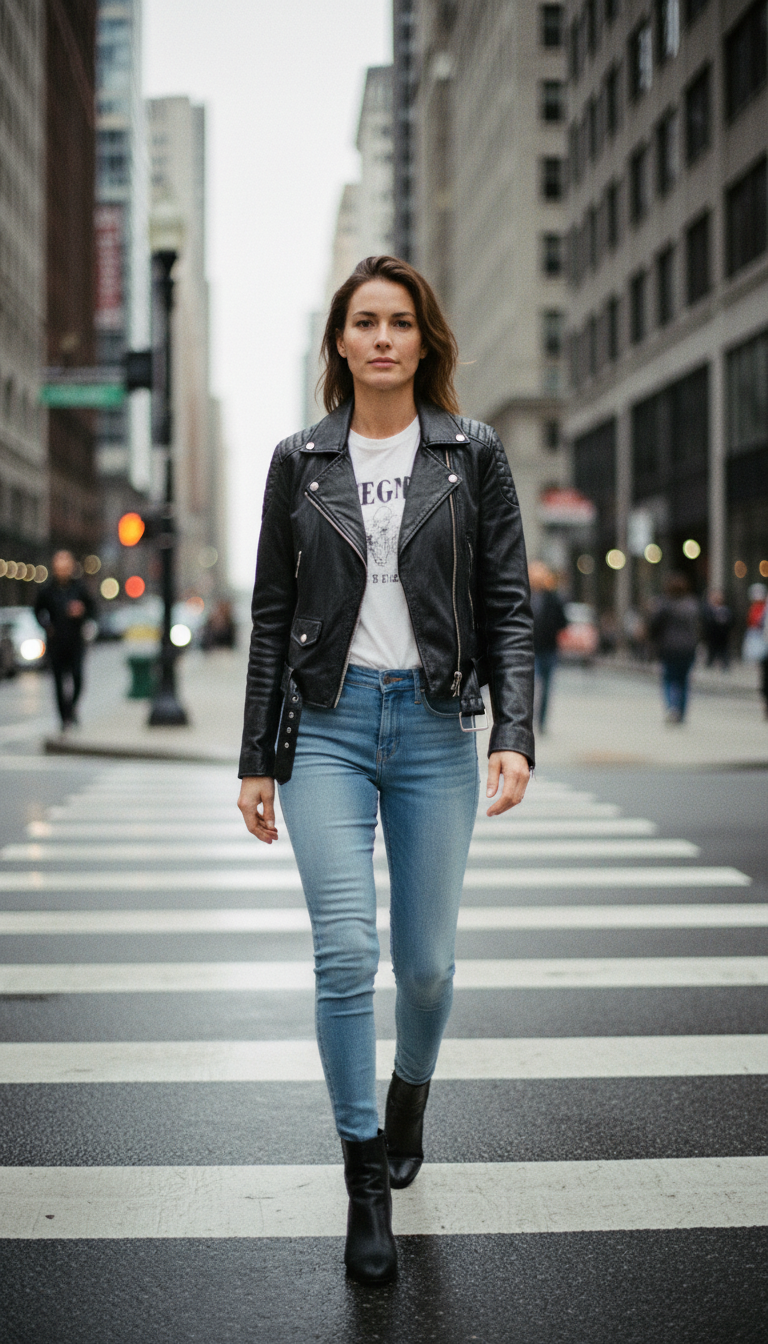 Woman wearing a black leather jacket with a white tee and light blue skinny jeans with black ankle boots crossing an urban street