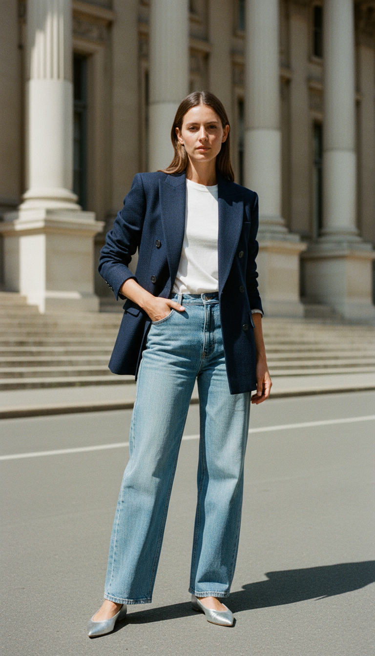 Woman in a navy double-breasted blazer over white tee with wide-leg light blue jeans and silver ballet flats in front of a neoclassical building