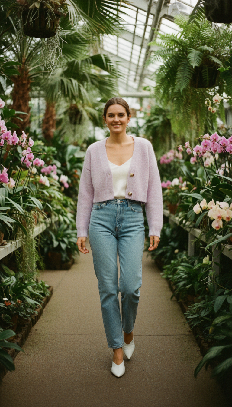 Woman in a pastel lavender cropped cardigan with white camisole and light blue straight-leg jeans with white mules in a botanical garden