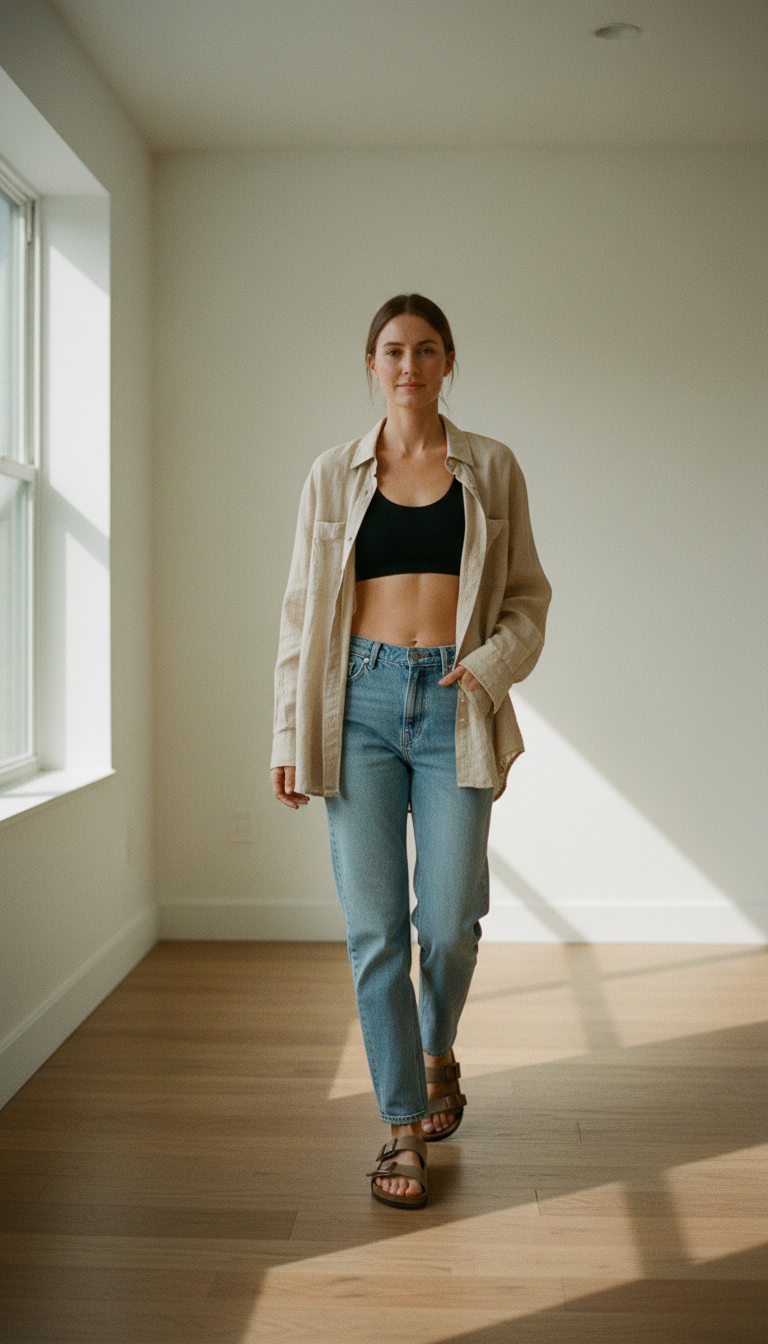 Woman in an oversized beige linen shirt worn open with a black base layer and light blue relaxed jeans with brown Birkenstocks in a minimalist apartment