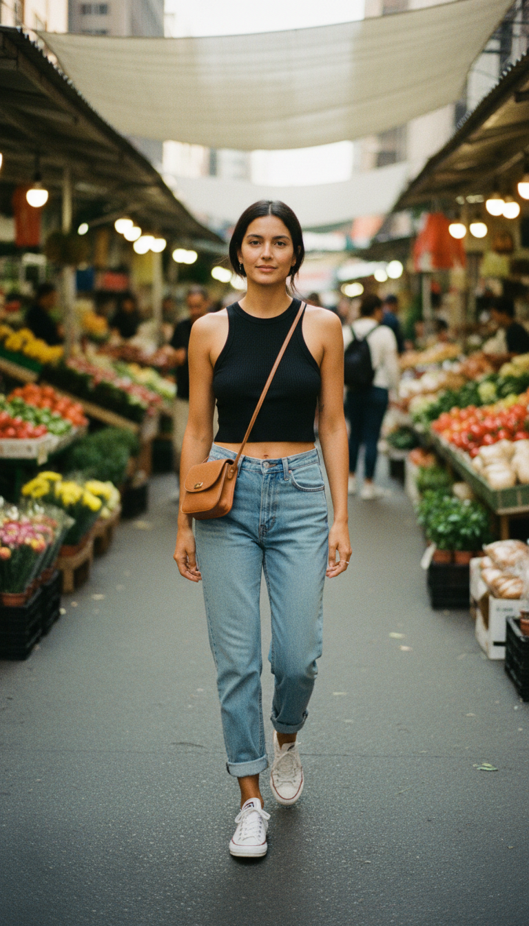 Woman wearing a cropped black tank top with high-waisted light blue mom jeans and white Converse sneakers at a farmers market