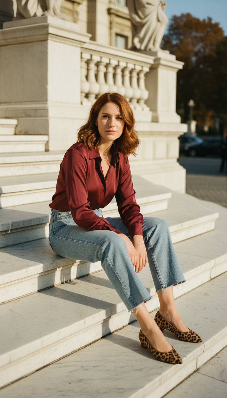 Woman in a burgundy silk blouse with light blue relaxed jeans and leopard print flats seated on marble steps