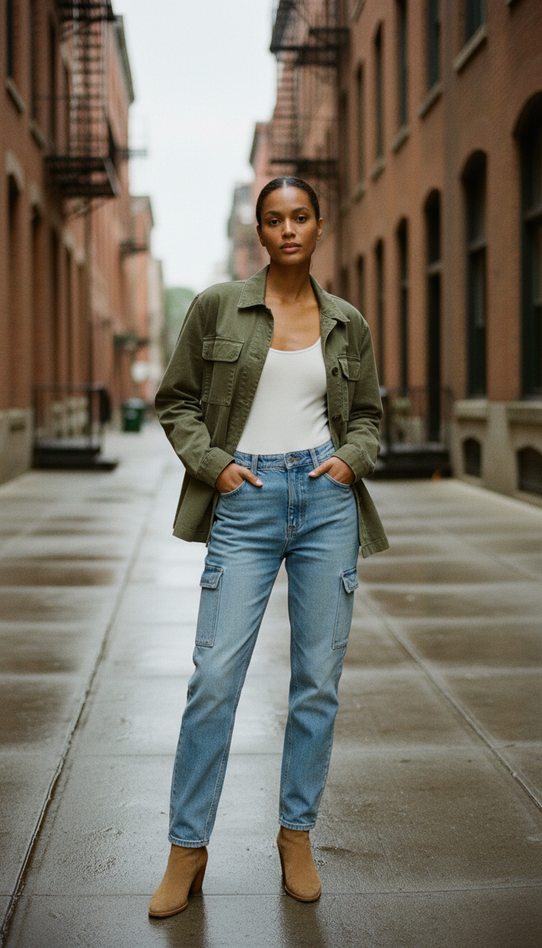 Woman wearing an olive utility jacket over a white bodysuit with light blue jeans and tan suede boots on a city sidewalk