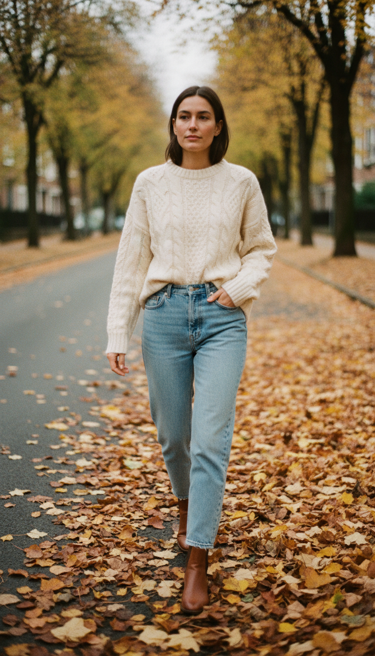 Woman in a chunky cream cable-knit sweater with light blue boyfriend jeans and brown Chelsea boots on an autumn street
