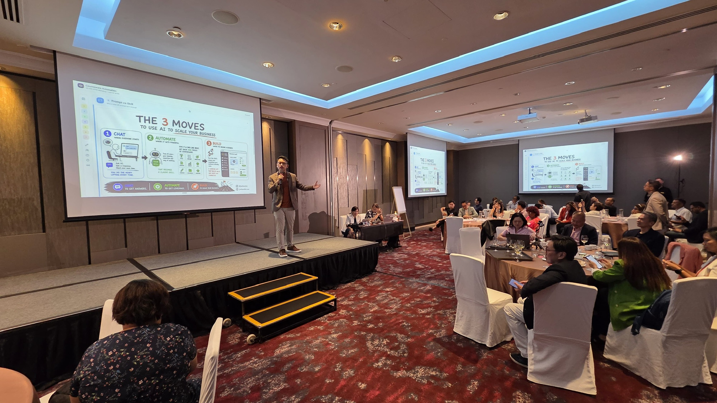 Jun Han Chin delivering a live keynote on using AI to scale a business