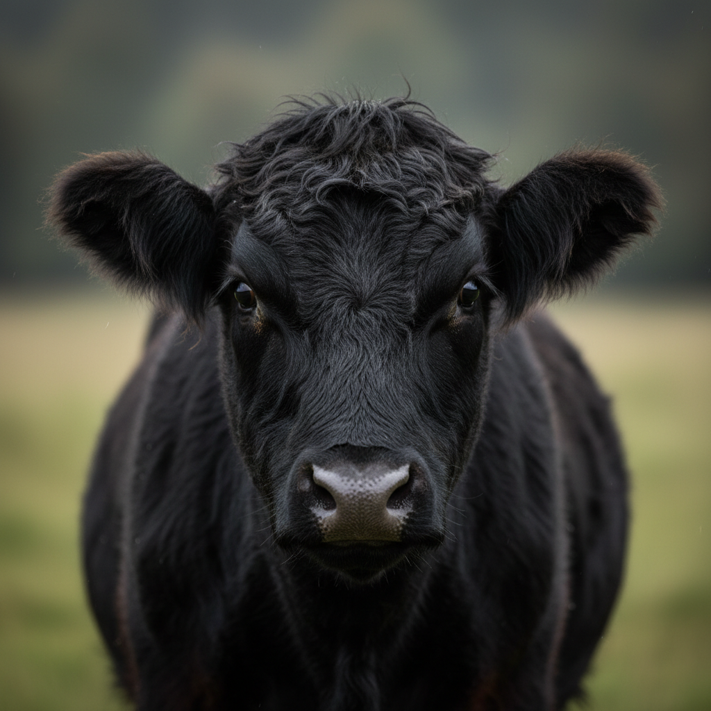 Close-up portrait of a Black Galloway cow face with dark eyes and curly coat