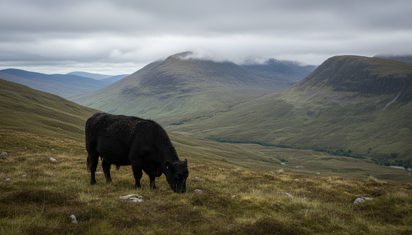 Black Galloway grazing on highland hillside