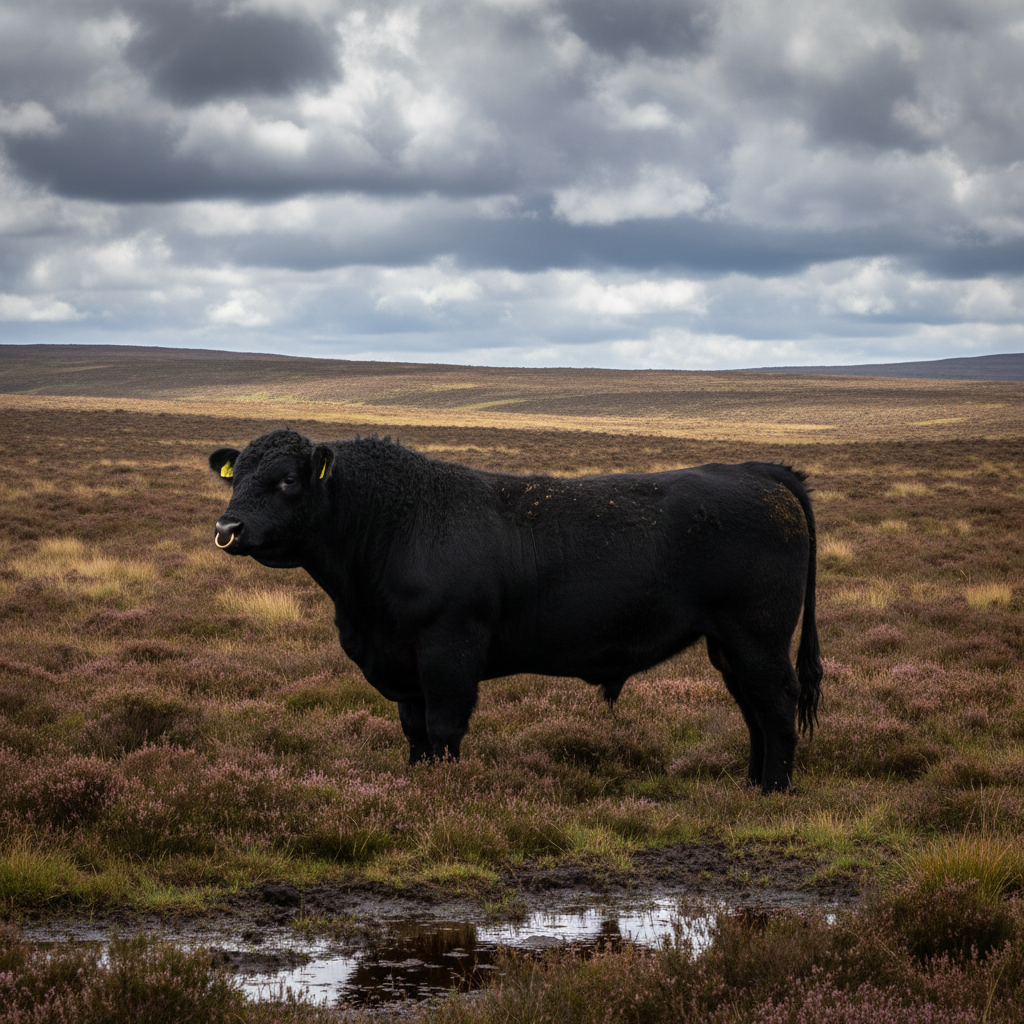 Profile portrait of a Black Galloway bull on Scottish moorland