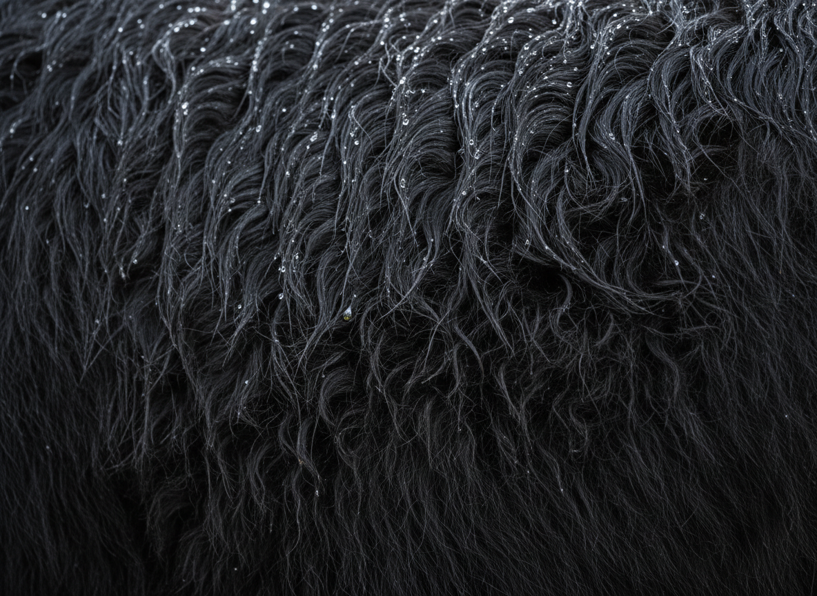 Extreme macro close-up of Black Galloway double coat texture showing water droplets