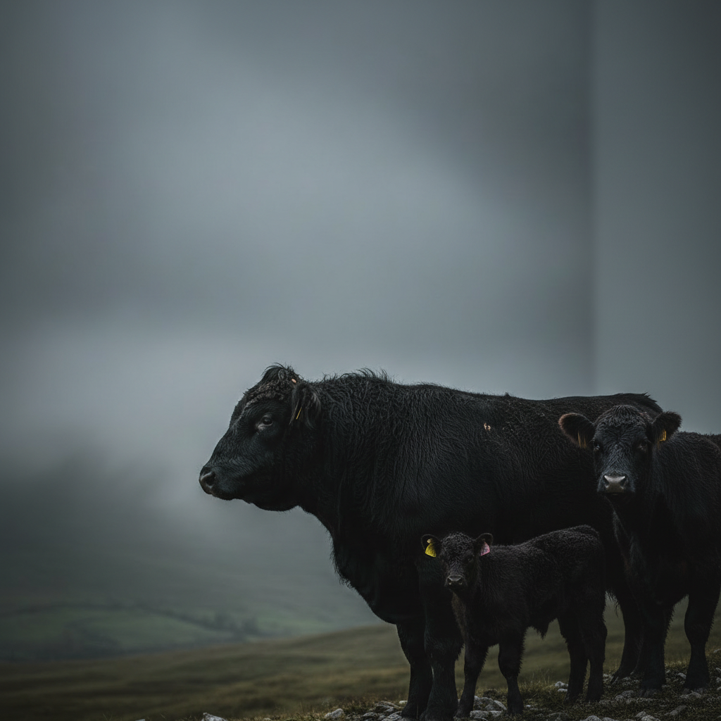 Black Galloway bull in lush pasture with herd