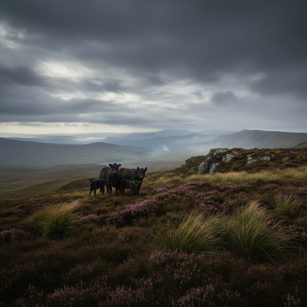 Black Galloway bull silhouetted on a highland ridge against a moody sky