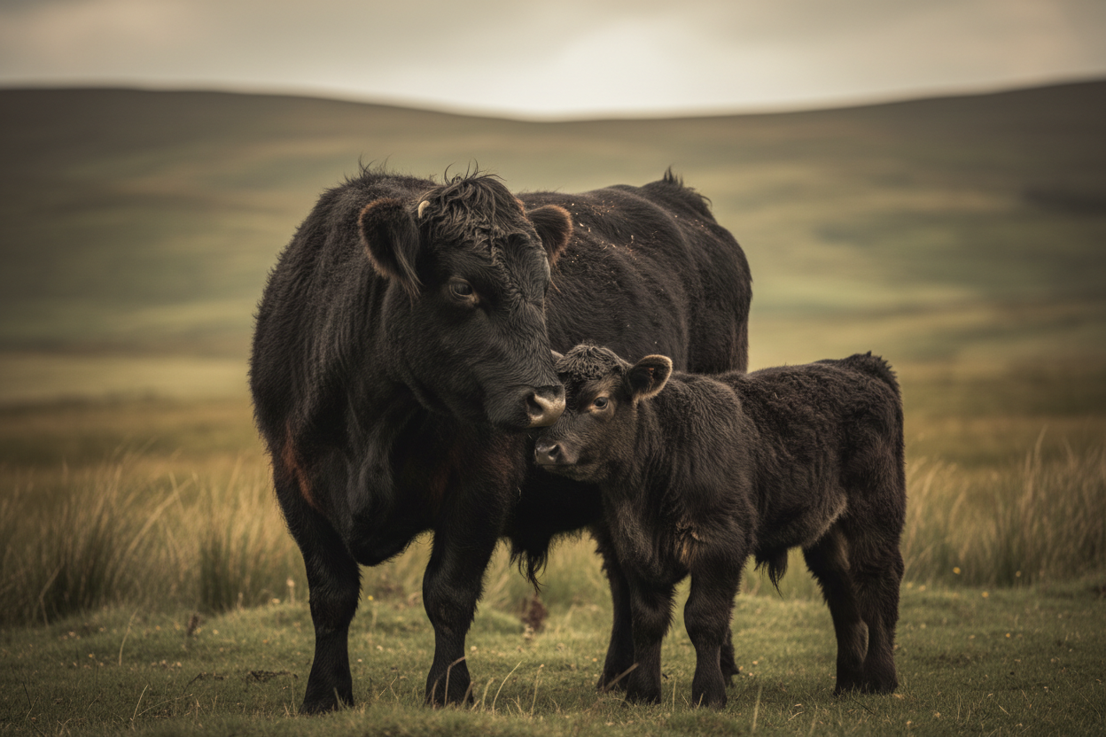 Black Galloway cow with her calf in a tender moment on highland pasture