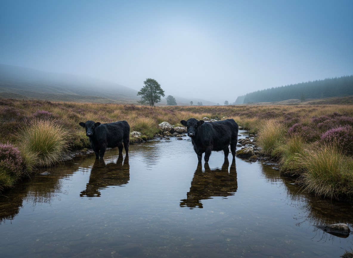 Black Galloway cattle standing in a highland stream with reflections