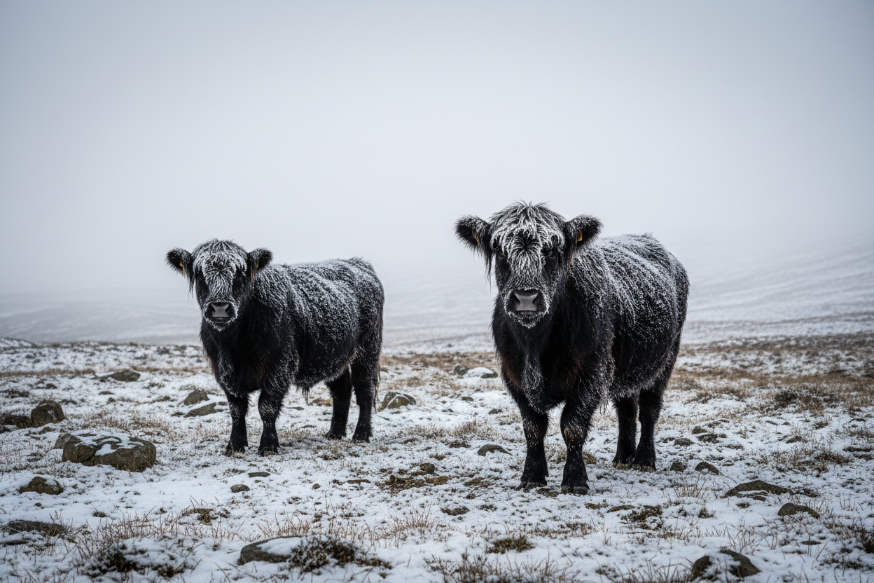 Black Galloway cattle standing in winter snow demonstrating cold hardiness