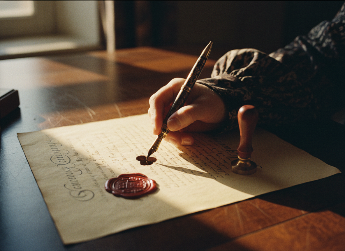 A hand holding a fountain pen over a parchment deed with a wax seal nearby