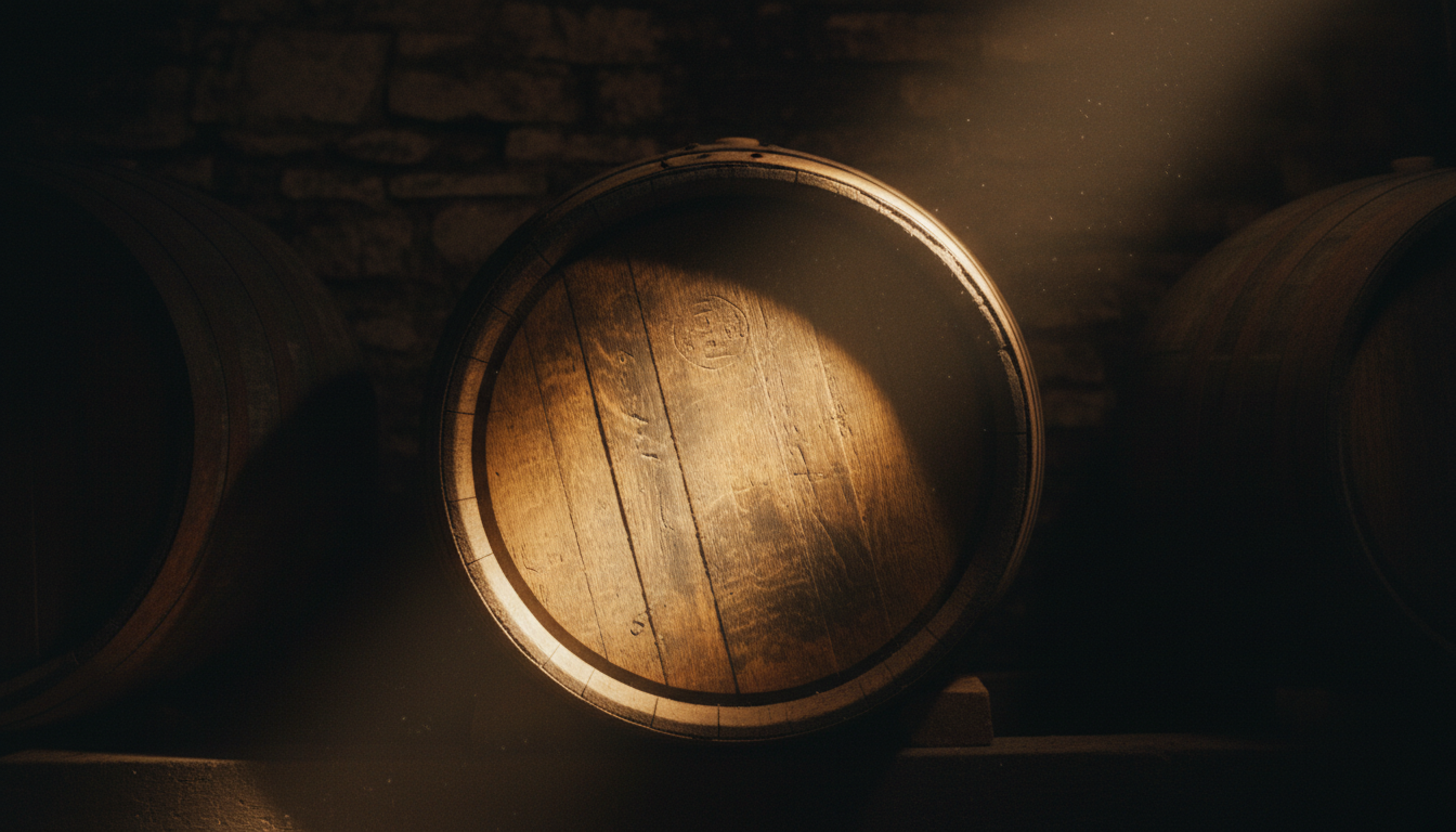 A single bourbon barrel illuminated by a beam of light in a dark cellar