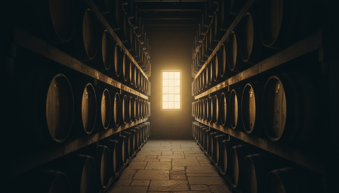 Bourbon barrel warehouse with rows of aging barrels and a beam of dusty golden light