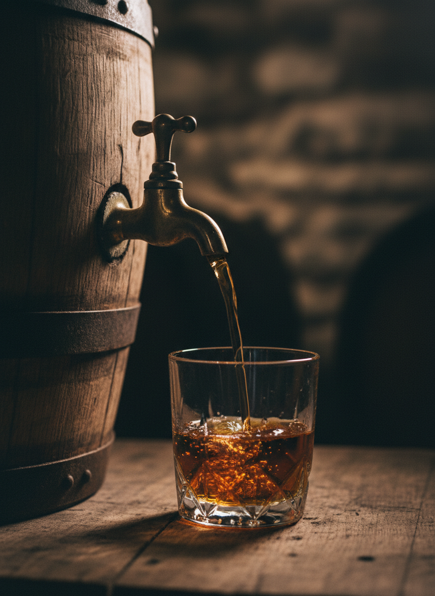 Amber bourbon being poured from a barrel spigot into a crystal glass