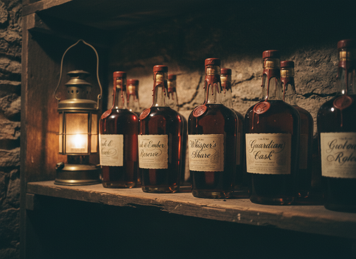 Elegant hand-labeled bourbon bottles on a wooden shelf in a dark cellar