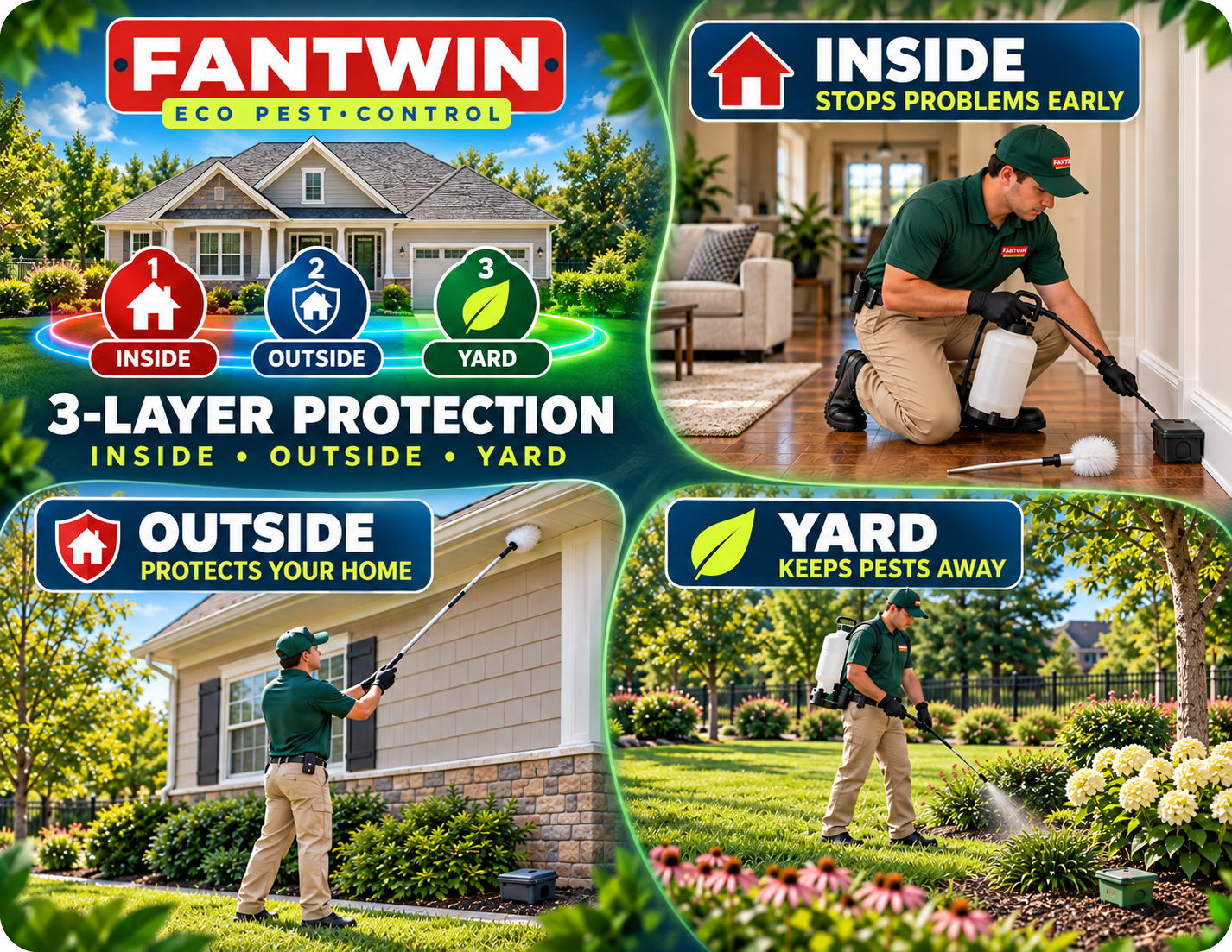 Fantwin technicians treating the inside of a home, its foundation, and the surrounding yard.