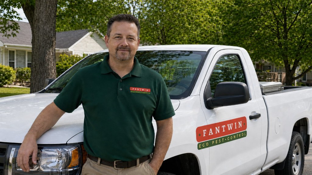 Fantwin Eco Pest Control team member standing beside a branded service truck