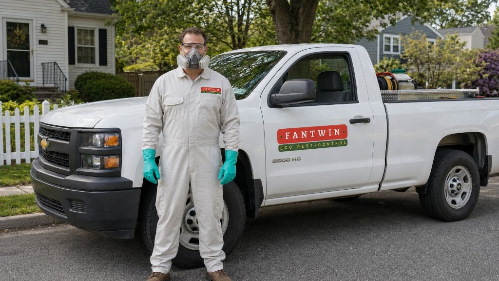 Fantwin Eco Pest Control technician in protective equipment beside a branded service truck