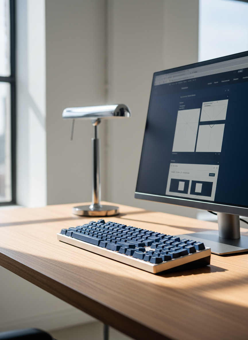 Minimalist web design workspace with keyboard and monitor