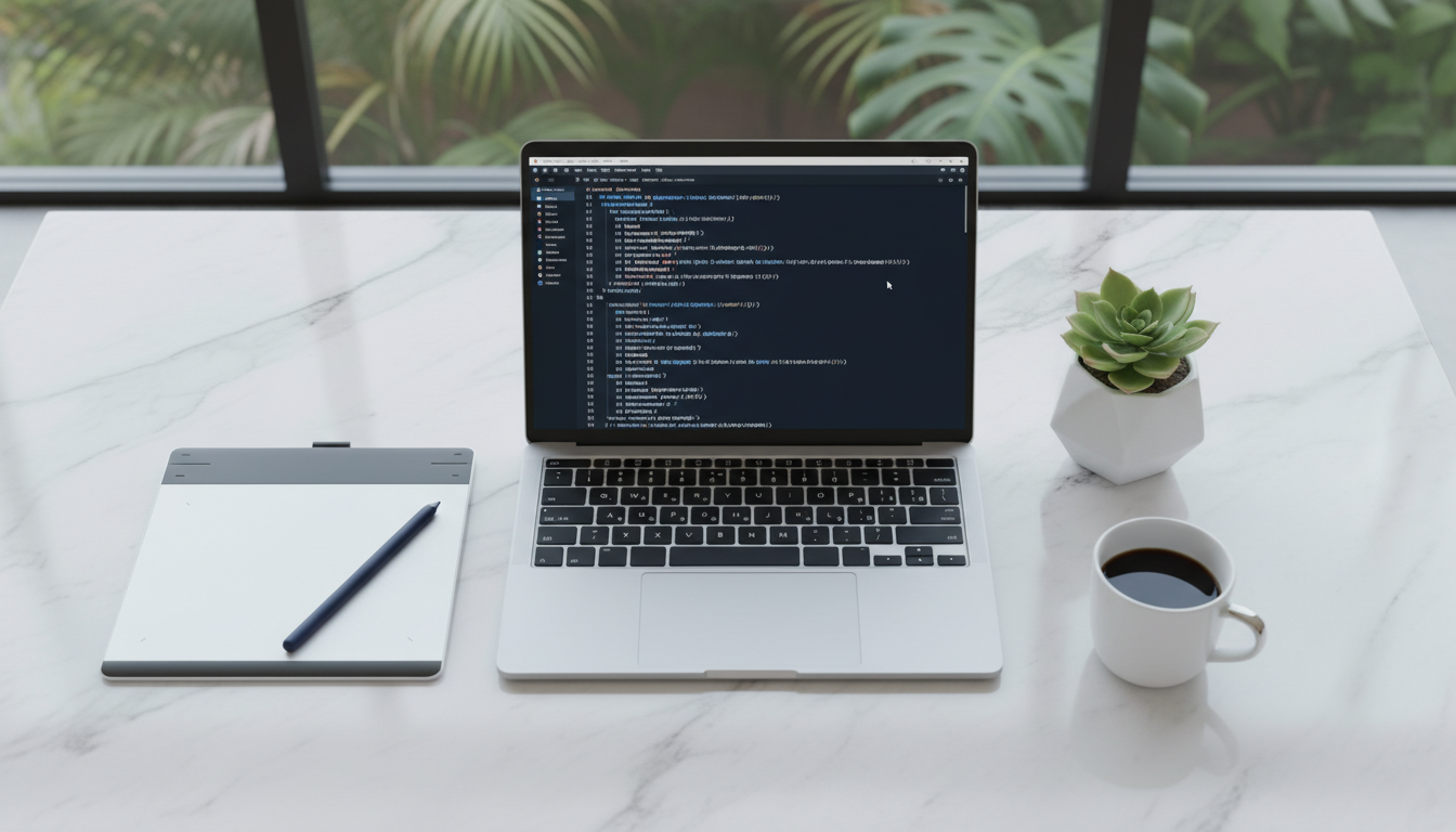 Minimalist web design workspace with laptop and tablet