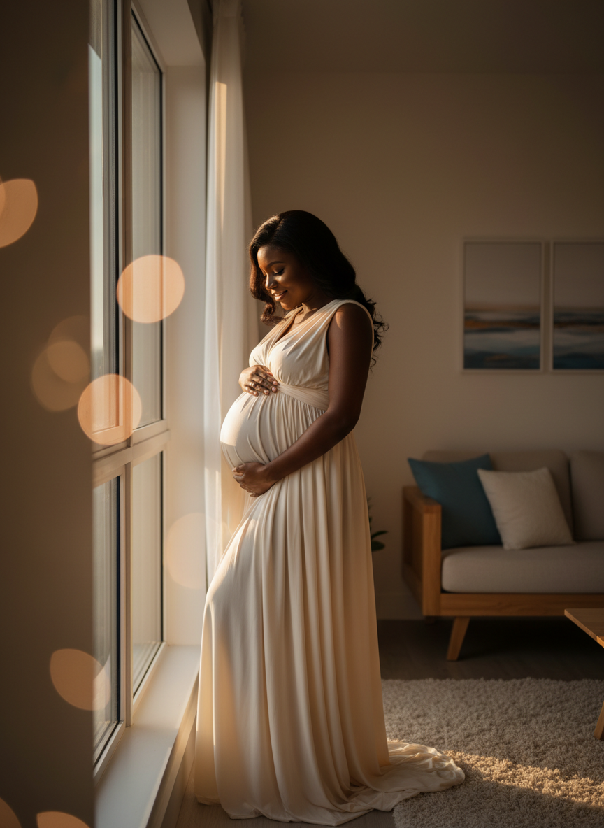 A radiant expectant mother bathed in warm golden light, representing the nurturing support of Atlanta's Baby Consultants