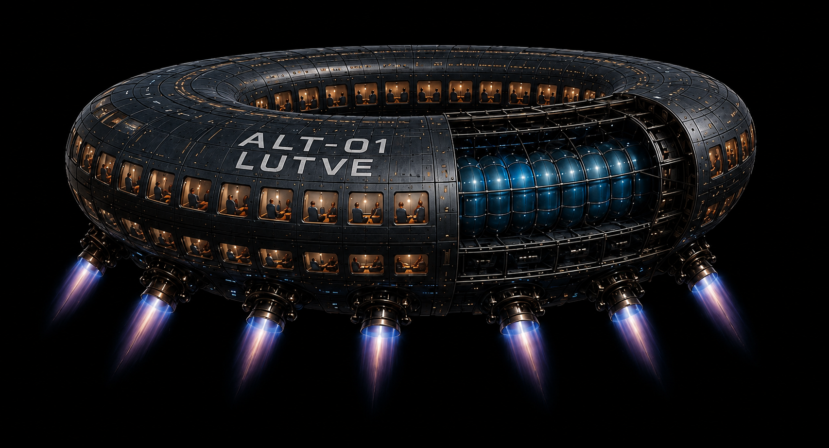 ALT-01 LUTVE — toroidal lift body in flight, amber-lit cabin windows along the rim and gimbaled thrusters firing beneath, configuration per AL-CVP-004 Rev 2.4