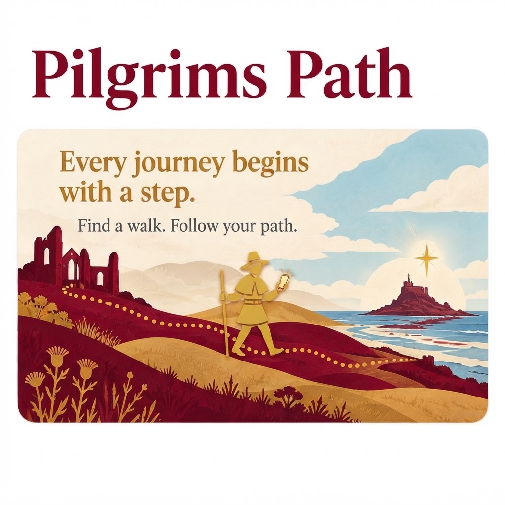 A pilgrim follows a golden path between ruined abbey arches and a coastal island beneath a bright star. Every journey begins with a step. Find a walk. Follow your path.