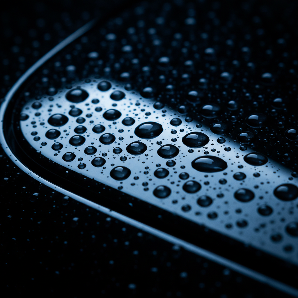 Water beading on perfectly detailed car surface